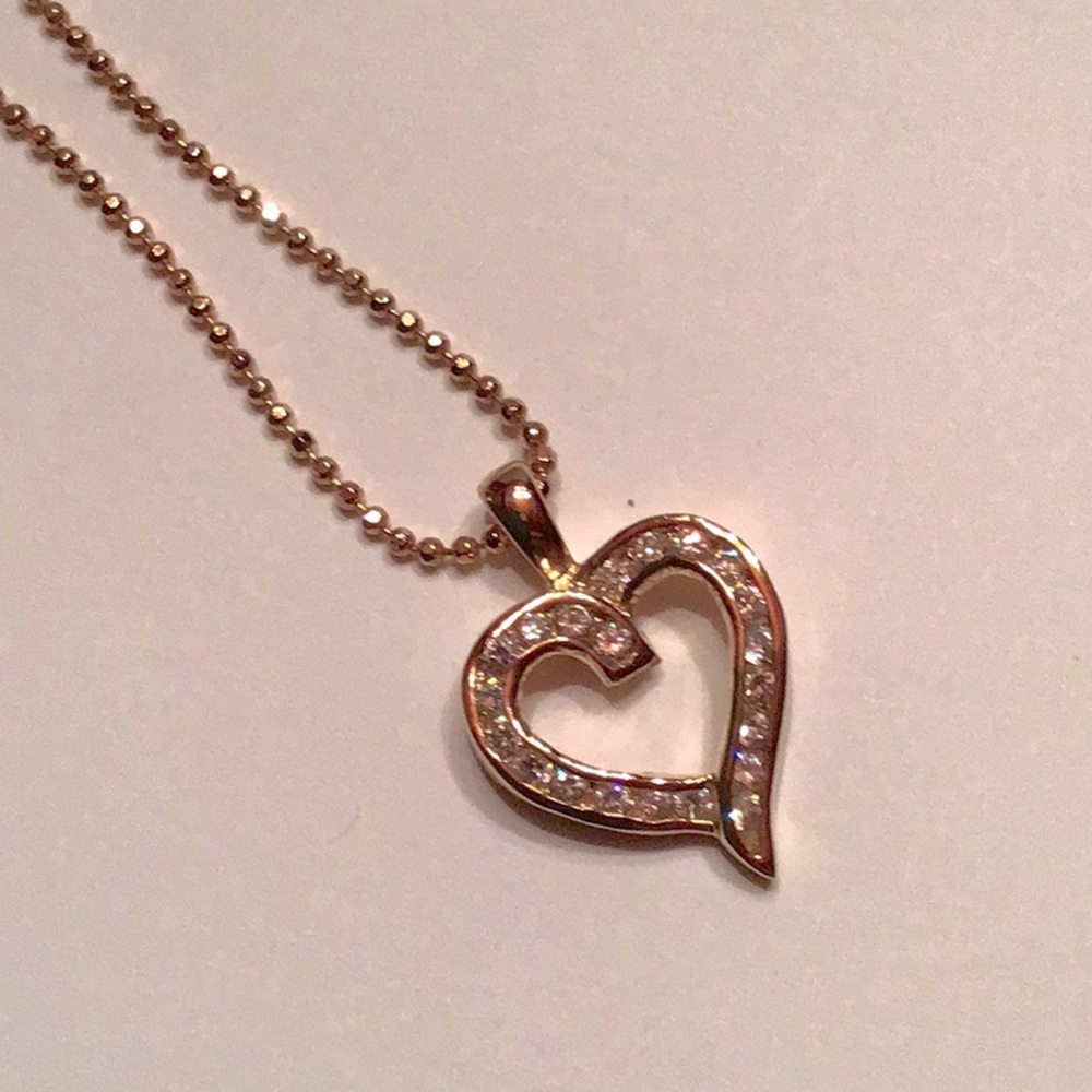 New Fashion Channel Set Heart Necklace 16”L w2” ext. Goldtone rhodium plated